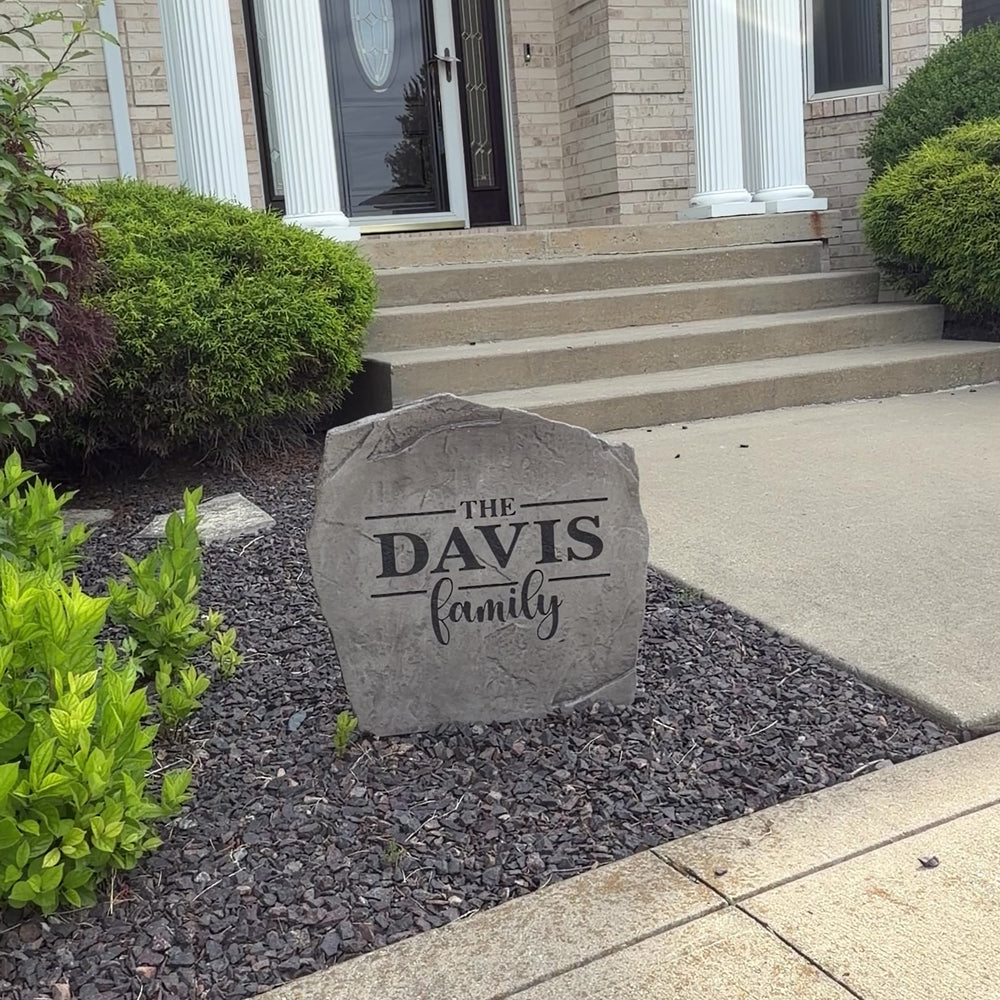 Engraved Family Name Stone with custom family names, bringing warmth and sophistication to front yard landscapes and outdoor living spaces. This weather-resistant garden stone provides lasting beauty and charm.