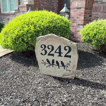 Personalized Bird Address Stone engraved with custom house numbers, featuring elegant bird artwork that adds charm and curb appeal to your home's entrance.