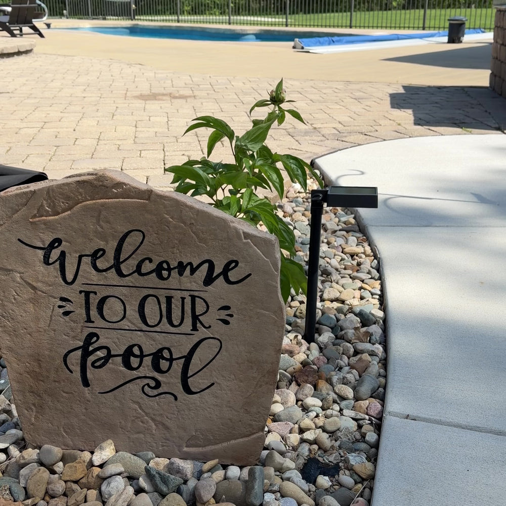 Decorative Welcome to Our Pool landscape stone designed to complement patios, pool decks, outdoor entertaining spaces, and backyard retreats.