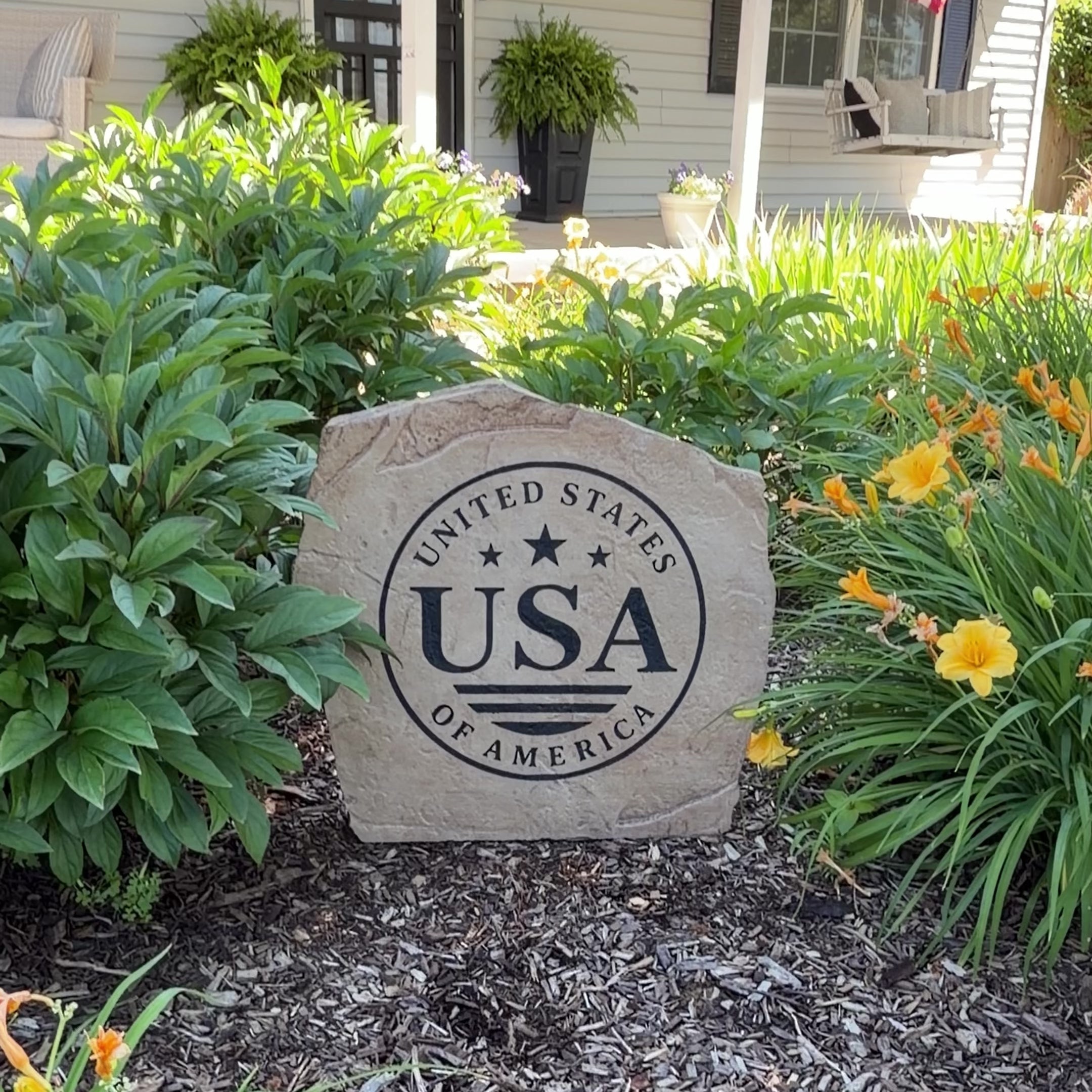 Inspired by classic American emblems, the Patriotic Seal Stone features bold engraving and distinguished styling that stand out beautifully in a landscaped setting. Its timeless design brings a sense of heritage and pride to flower beds, walkways, and front entrances, creating a refined patriotic accent that honors the spirit of the United States.