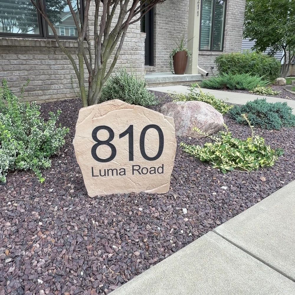 Personalized Modern Address Stone engraved with custom house numbers, bringing sleek contemporary style and exceptional curb appeal to your home's entrance.