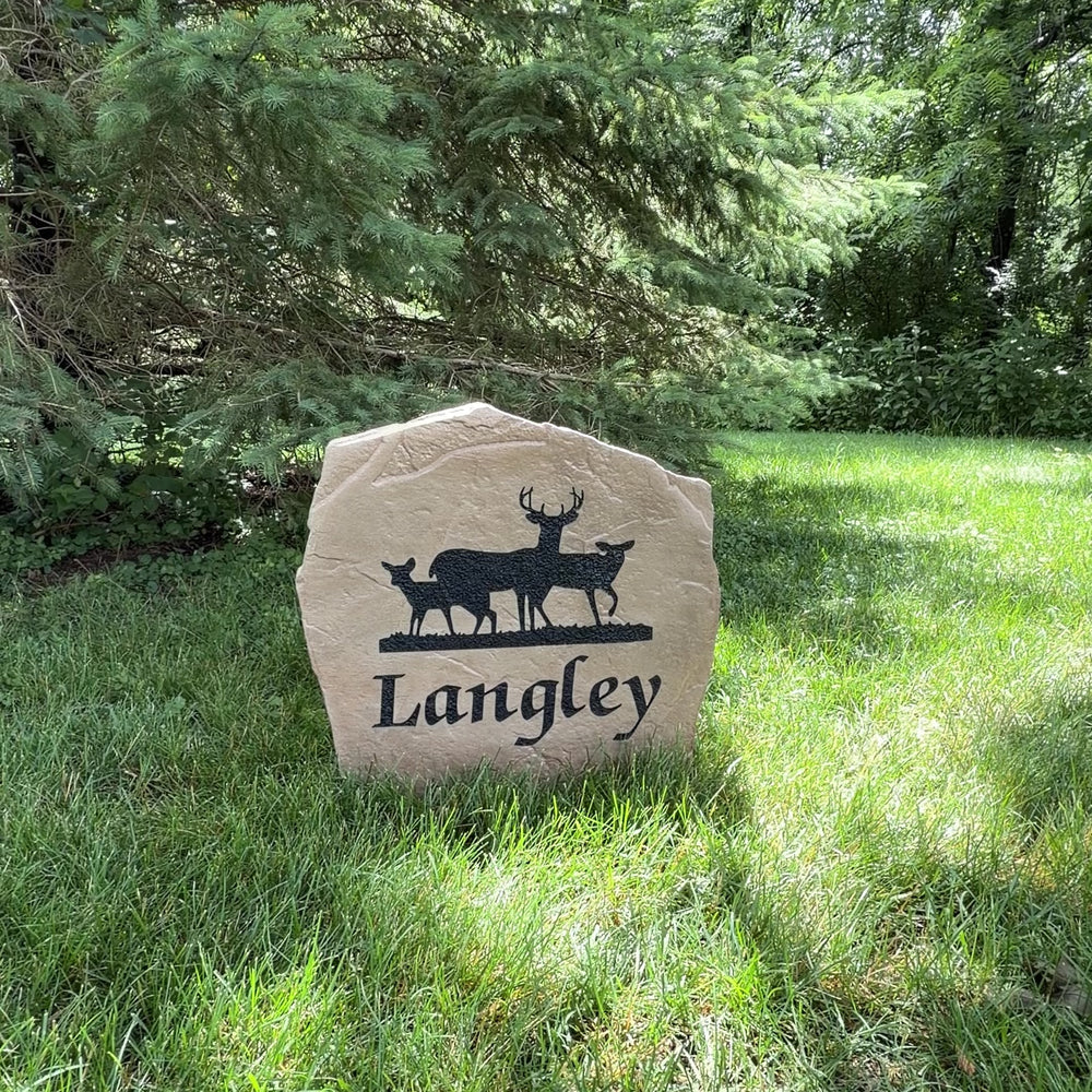 Personalized Deer Name Stone engraved with your family surname, bringing rustic woodland charm to cabins, lodges, farmhouses, and country homes.