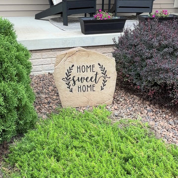 Home Sweet Home engraved landscape stone bringing warmth and welcoming charm to front gardens, patios, and beautifully designed entryways.
