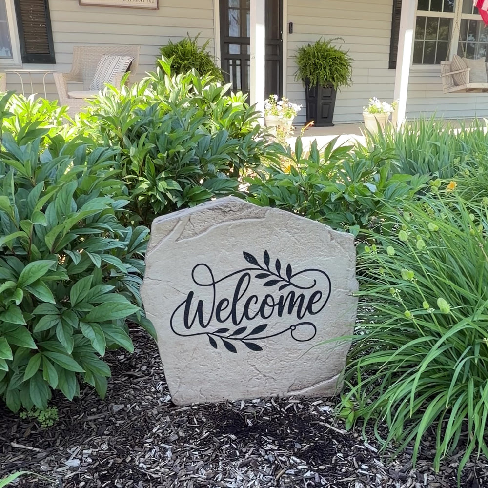 Personalized Vine Welcome Stone featuring an elegant flowing vine design engraved directly into the stone surface. This decorative welcome stone adds timeless charm and curb appeal to front yards, gardens, patios, and entryways
