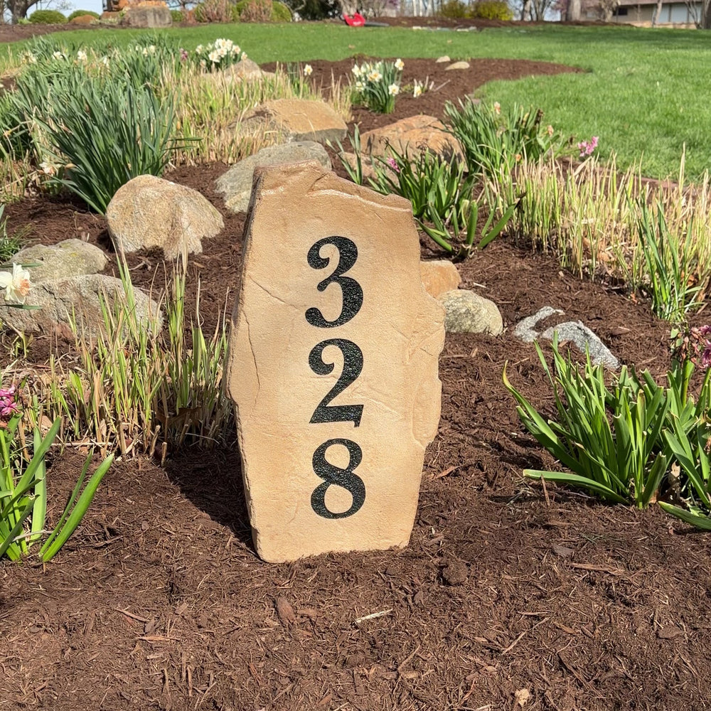 Vertical video showcasing personalized address stones and monogram stones in upscale landscape settings