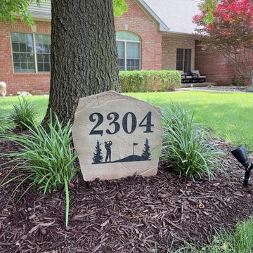 Video featuring the Golf Address Stone, a personalized engraved address stone designed for golf enthusiasts. Displayed outdoors to showcase its timeless craftsmanship, elegant style, and the unique curb appeal it adds to a front yard, garden, driveway entrance, or golf-themed landscape.