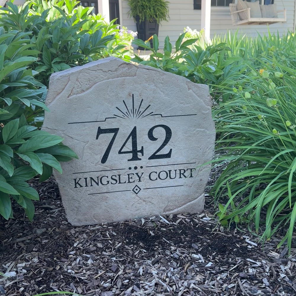 Custom Sunrise Address Stone featuring personalized house numbers and an elegant engraved design inspired by the beauty of a sunrise. This decorative address stone enhances curb appeal and creates a welcoming focal point for front yards, gardens, driveways, and entryways.