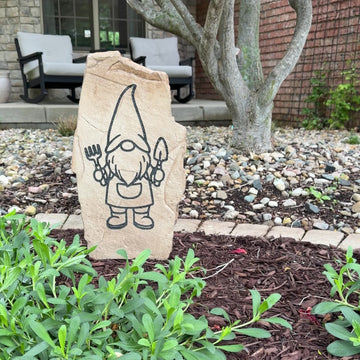 Personalized Gnome vertical stone displayed in charming garden landscaping for whimsical outdoor décor
