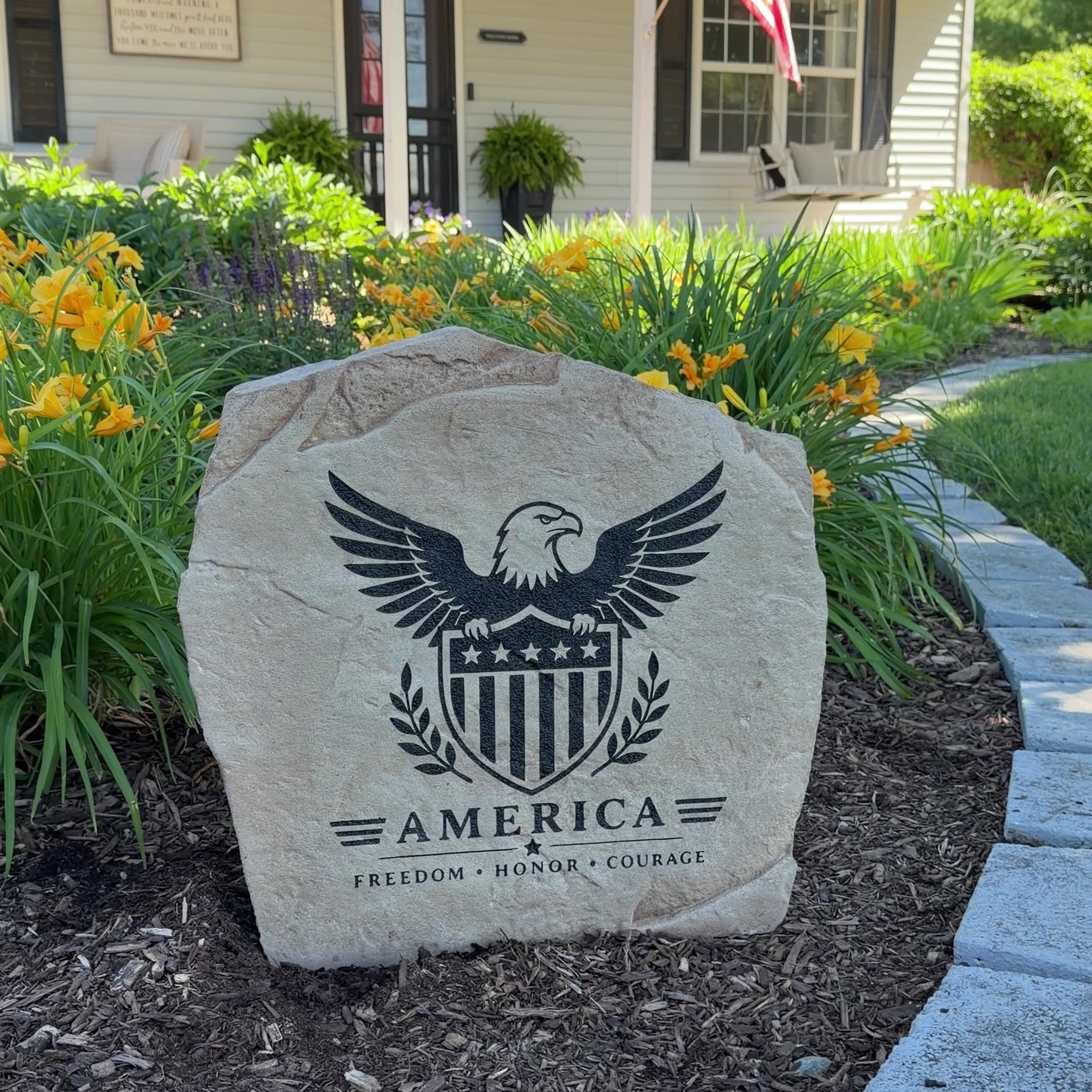 Featuring a majestic eagle paired with a bold shield emblem, the Eagle & Shield Stone brings strength and patriotism to any outdoor setting. Positioned within a beautifully landscaped yard, its detailed engraving creates a distinguished focal point that proudly honors American values and timeless tradition.