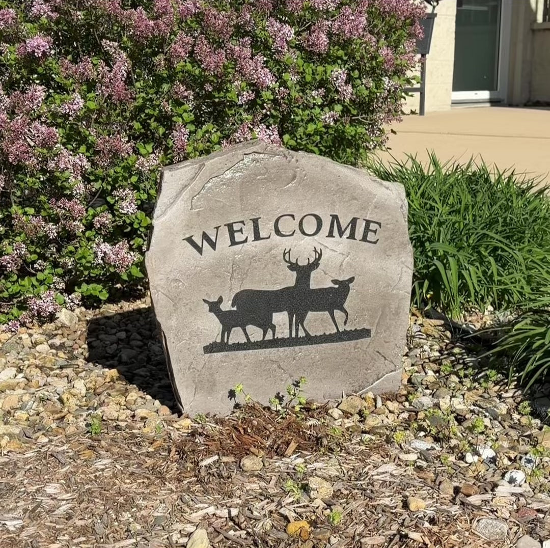 Rustic deer landscape stone featuring a welcoming design, perfect for hunting cabins, lake houses, mountain retreats, and forest properties.