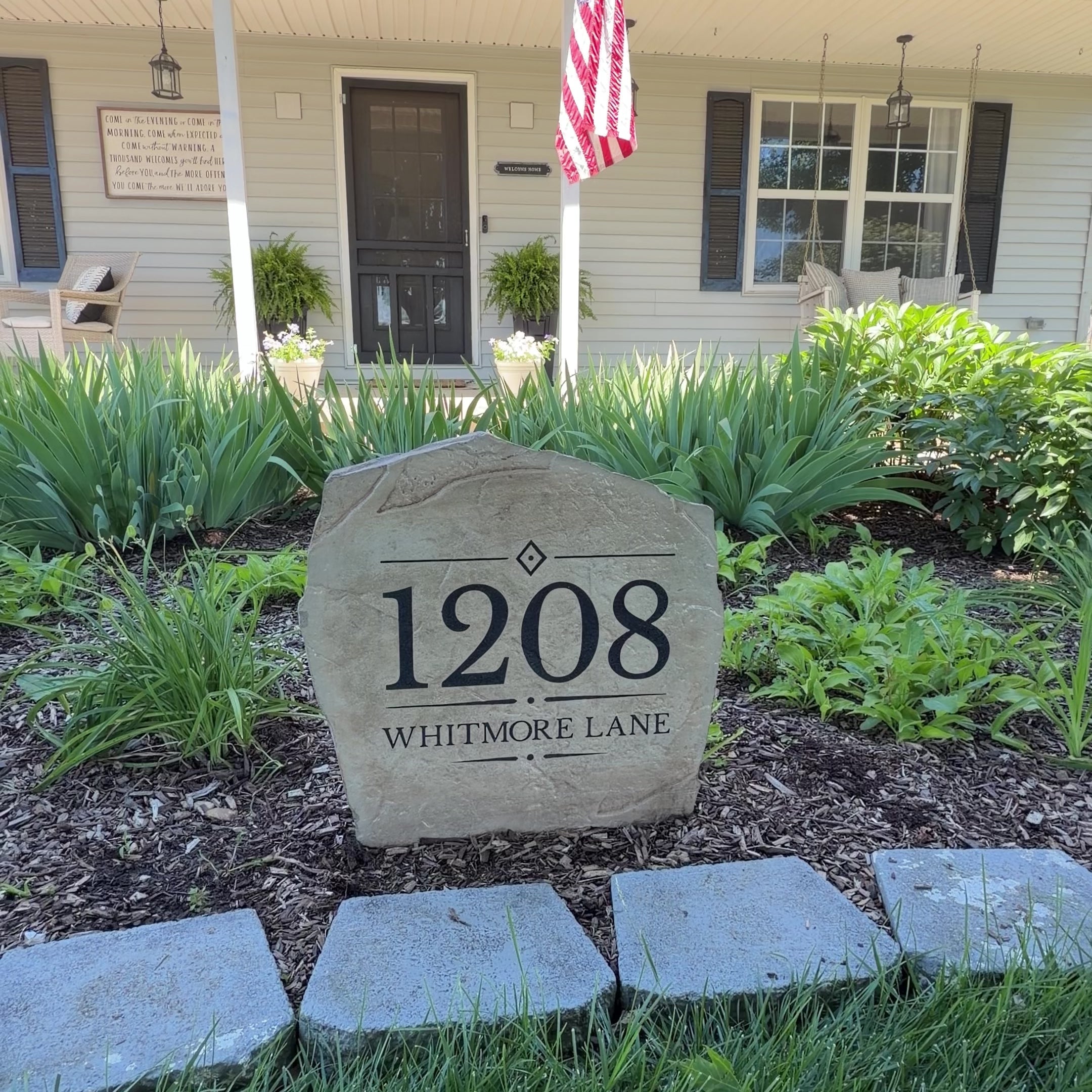 Decorative Heritage Address Stone featuring personalized house numbers engraved directly into the stone surface. Perfect for gardens, landscape beds, driveways, and entryways, this custom address marker creates a beautiful first impression while improving address visibility
