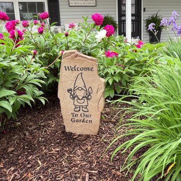 Personalized Garden Gnome vertical stone displayed in colorful garden landscaping for whimsical outdoor décor