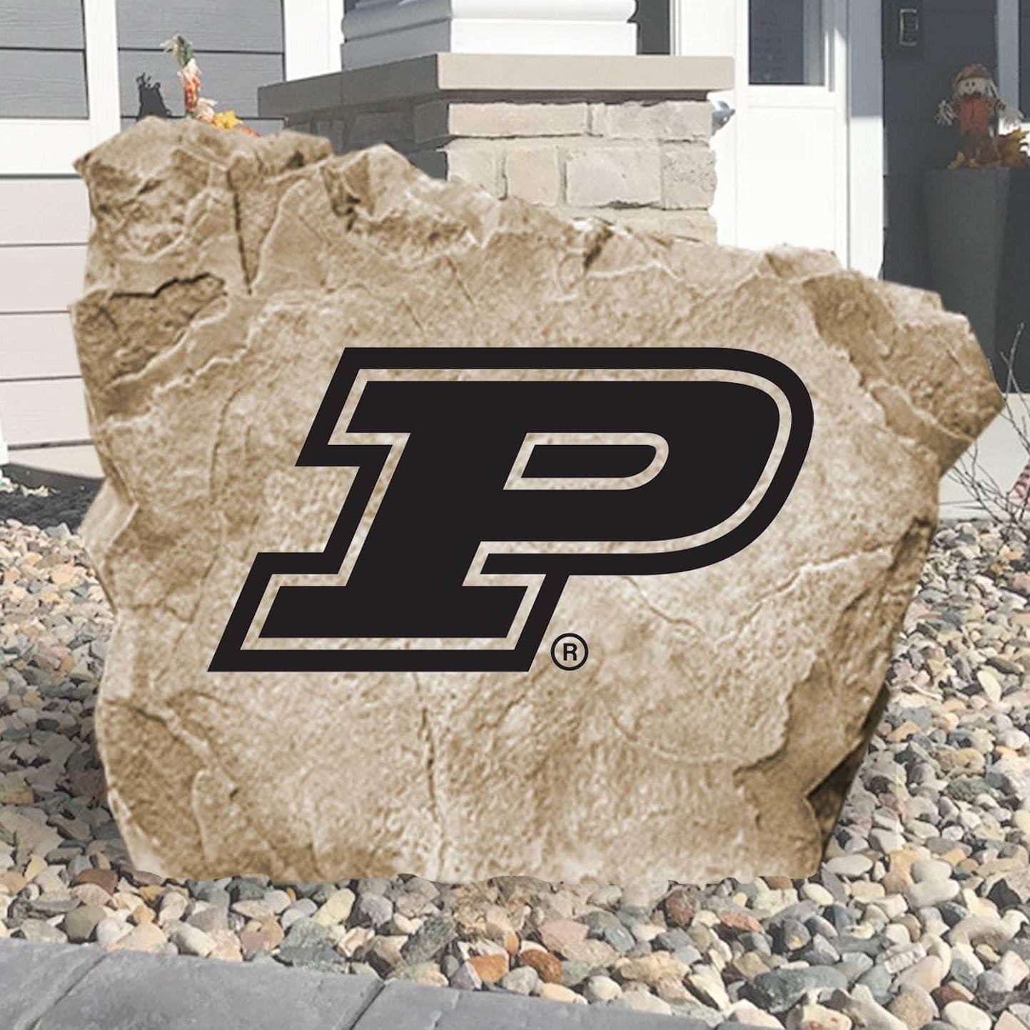Officially licensed Purdue University logo stone featuring the iconic Boilermakers emblem as a bold statement piece for outdoor landscaping.