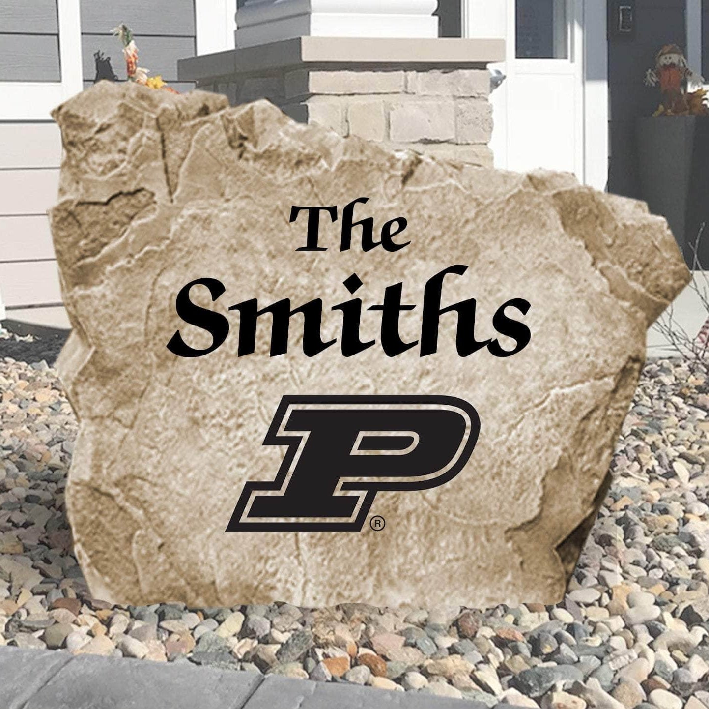 Personalized Purdue University family name stone engraved with your surname to create a classic Boilermakers-inspired landscape centerpiece.