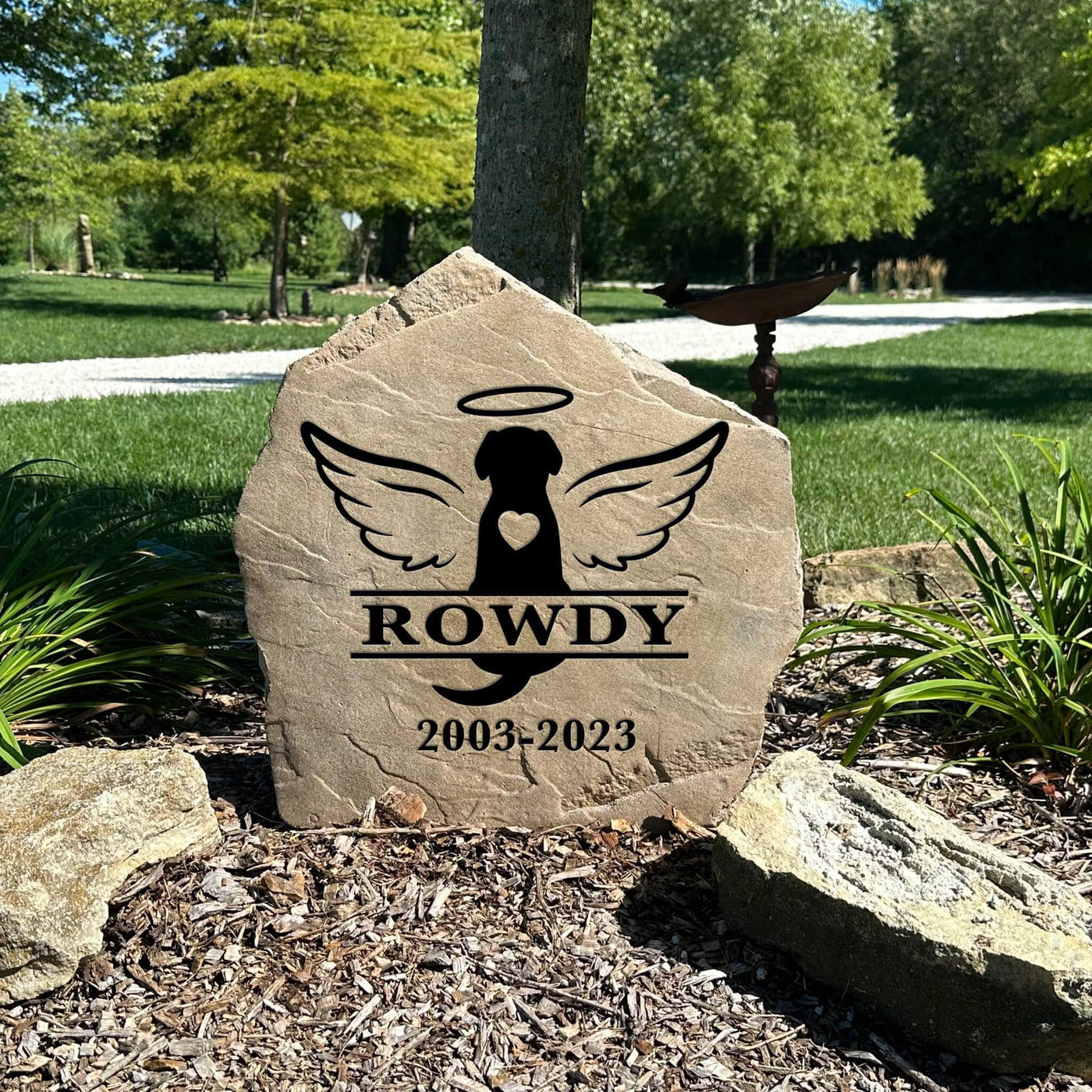 Dog loss remembrance stone with halo and name engraving