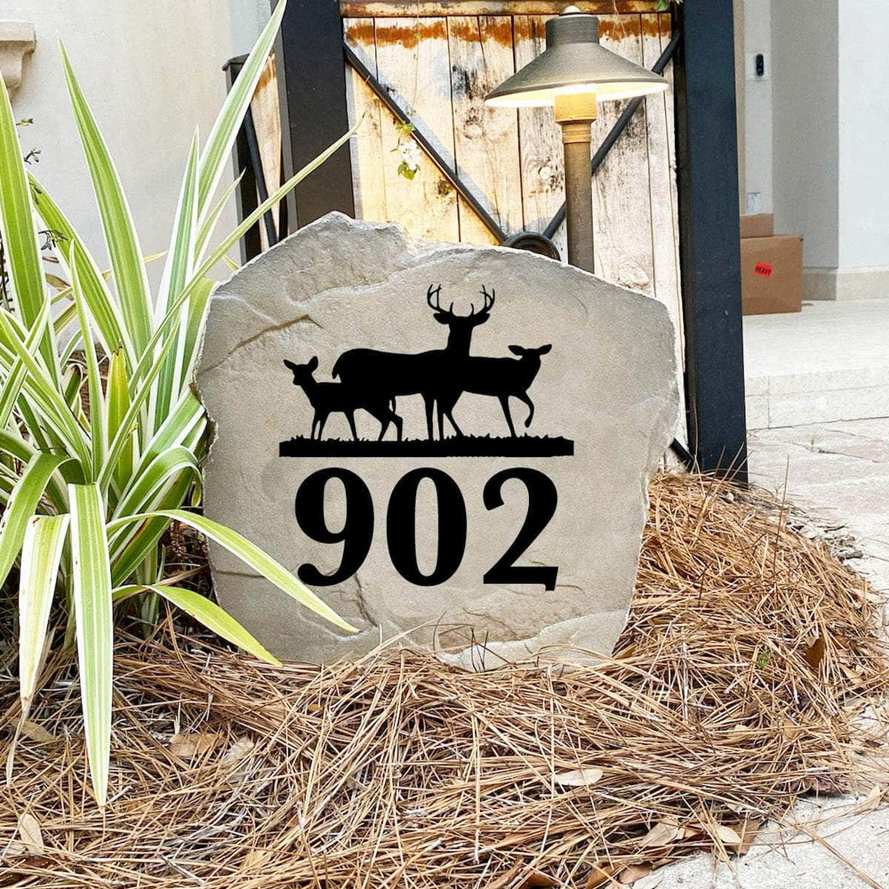 Nature-inspired deer landscape address marker featuring personalized street numbers, perfect for farmhouses, hunting cabins, lake houses, and rural properties.