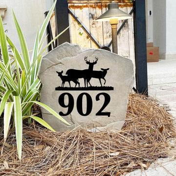 Nature-inspired deer landscape address marker featuring personalized street numbers, perfect for farmhouses, hunting cabins, lake houses, and rural properties.