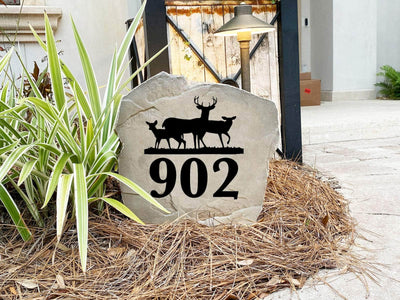 Wildlife-themed deer stone marker with engraved address design