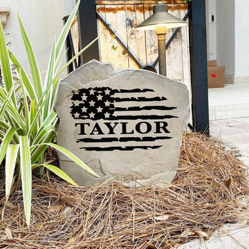 Weather-resistant United States flag name marker personalized for your home, adding lasting patriotic charm to flower beds, walkways, and porches.
