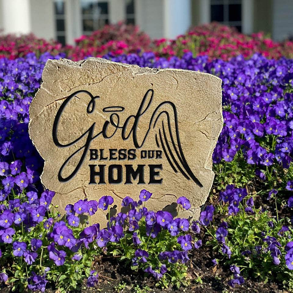 Weather-resistant God Bless Our Home monument offering a timeless Christian accent that enhances curb appeal with elegant engraved craftsmanship.