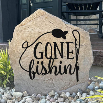 Decorative Gone Fishin' garden plaque crafted from durable concrete, creating the perfect outdoor accent for anglers and fishing enthusiasts.