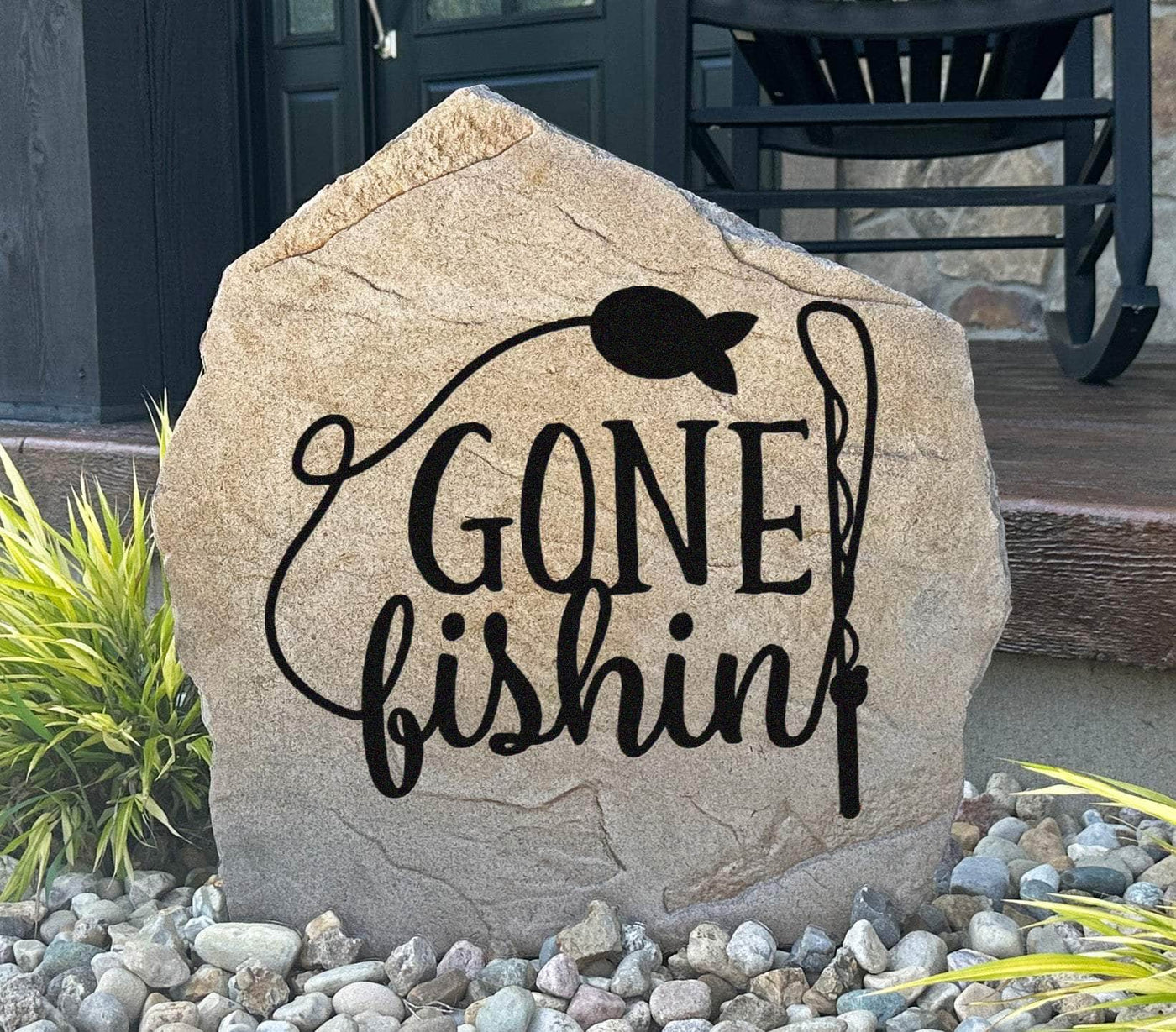Rustic Gone Fishin’ rock sign for porch, patio, or garden landscaping