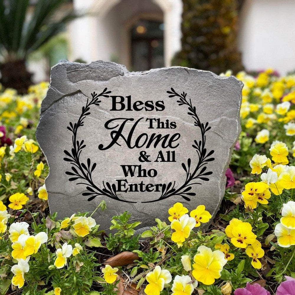 Handcrafted Bless This Home & All Who Enter Stone proudly made in the USA with detailed engraving and weather-resistant durability. This decorative garden stone enhances landscape beds and outdoor spaces with lasting beauty and inspiration.
