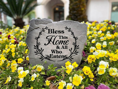 Rustic garden stone with faith-inspired quote