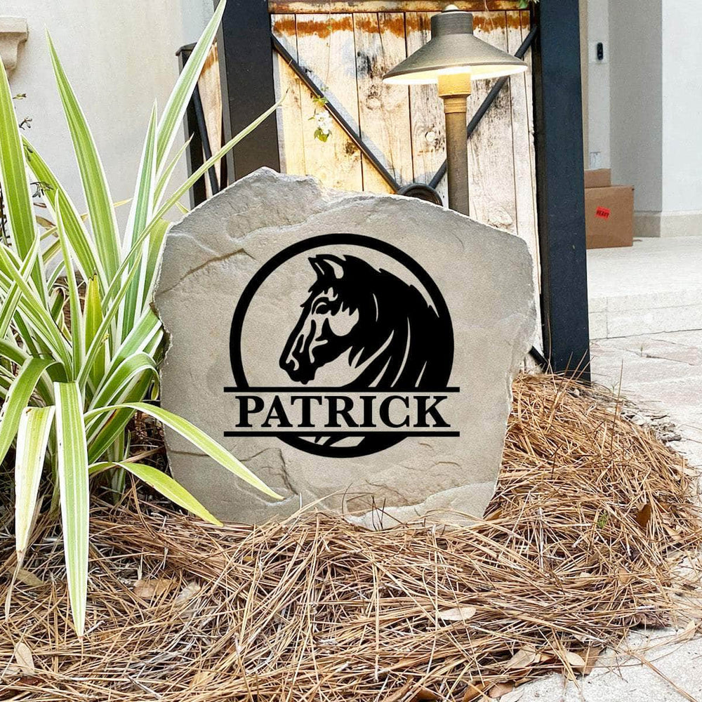 Engraved Horse Monogram Name Stone with custom family names and a graceful horse motif, bringing rustic elegance and equestrian style to front yard landscapes, walkways, and outdoor living spaces.