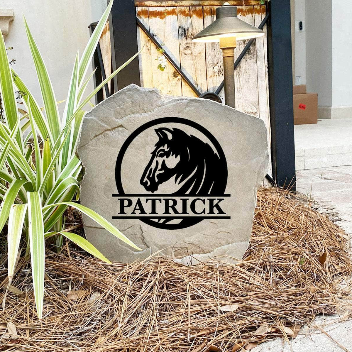 Engraved Horse Monogram Name Stone with custom family names and a graceful horse motif, bringing rustic elegance and equestrian style to front yard landscapes, walkways, and outdoor living spaces.