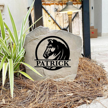 Engraved Horse Monogram Name Stone with custom family names and a graceful horse motif, bringing rustic elegance and equestrian style to front yard landscapes, walkways, and outdoor living spaces.