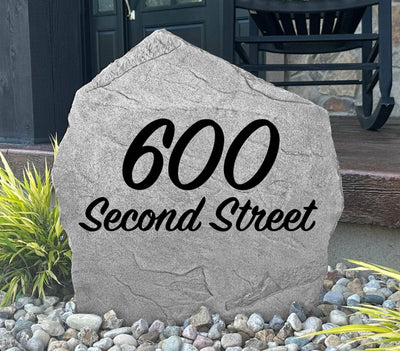 Personalized script address stone engraved with house number for front yard décor