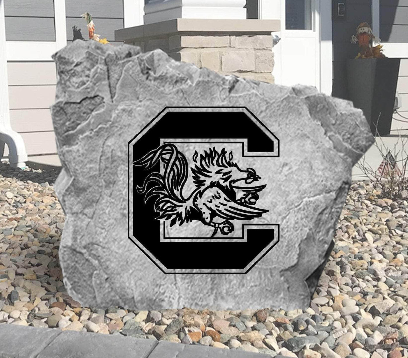 Outdoor garden rock featuring South Carolina Gamecocks team logo