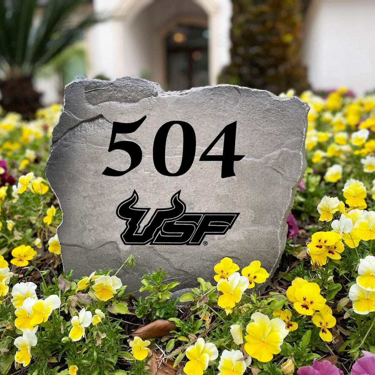 Personalized University of South Florida outdoor address marker engraved into premium stone with authentic Bulls graphics. A unique landscaping feature and thoughtful gift for USF fans, alumni, and new homeowners.