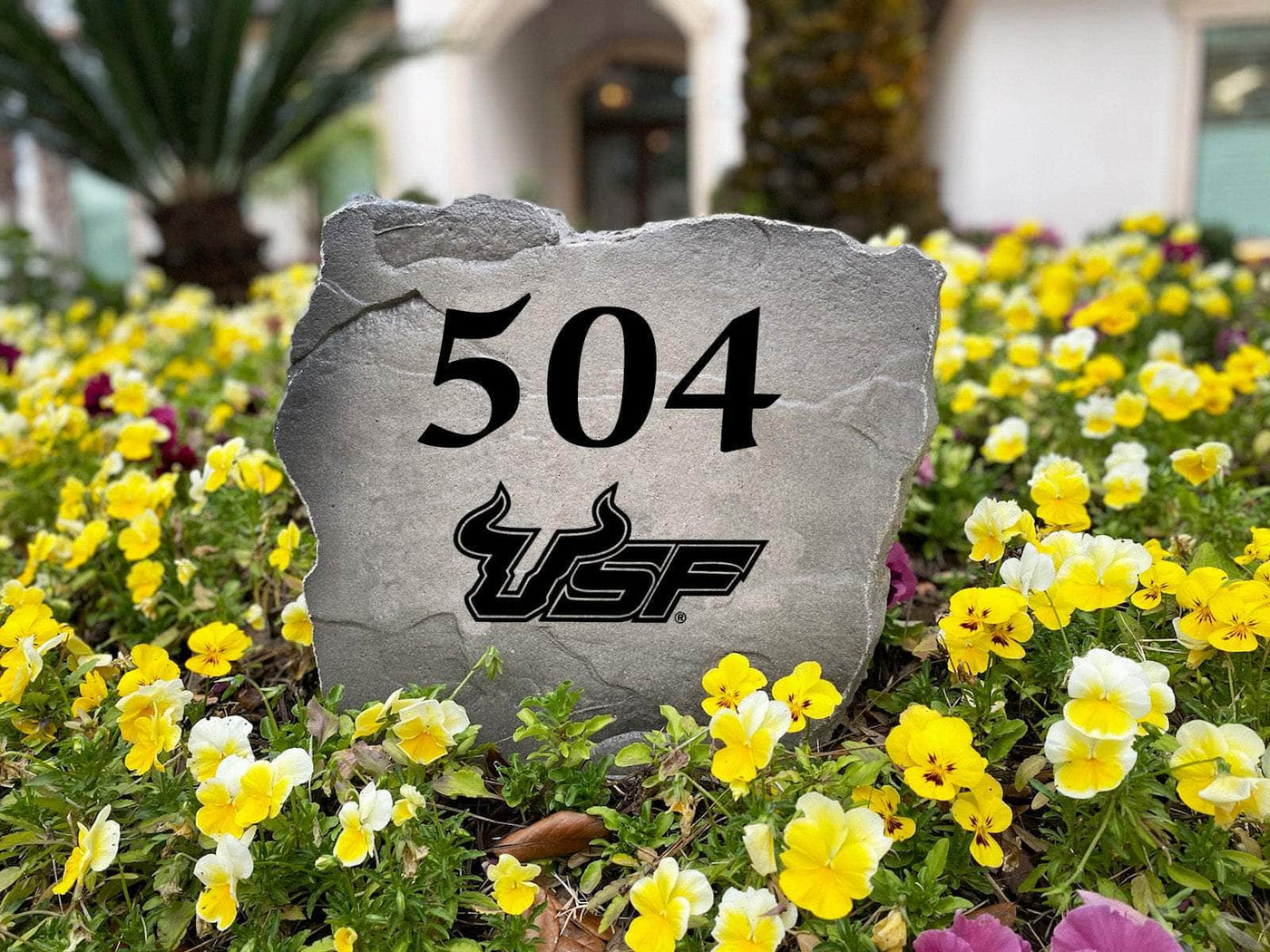 USF Bulls team logo with engraved house number on decorative rock