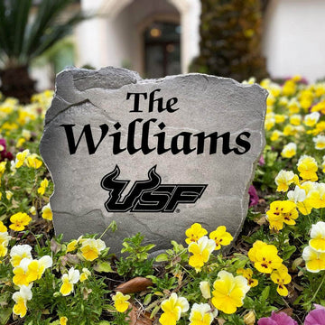 Personalized South Florida Bulls outdoor name stone featuring custom family lettering permanently engraved into weather-resistant stone. A thoughtful gift for college football fans, alumni, weddings, housewarmings, and new homeowners.