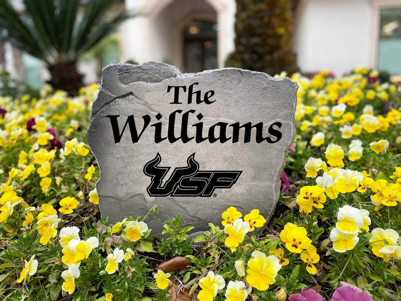 USF Bulls team logo with engraved family name on decorative rock