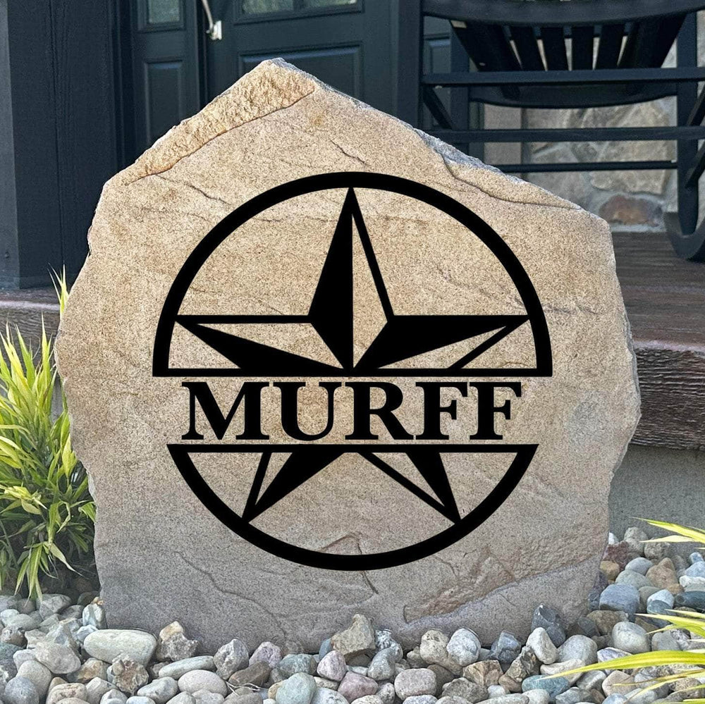 Personalized Star Monogram stone engraved with your family initial and surname, creating a bold focal point for front yards and landscaped entryways.