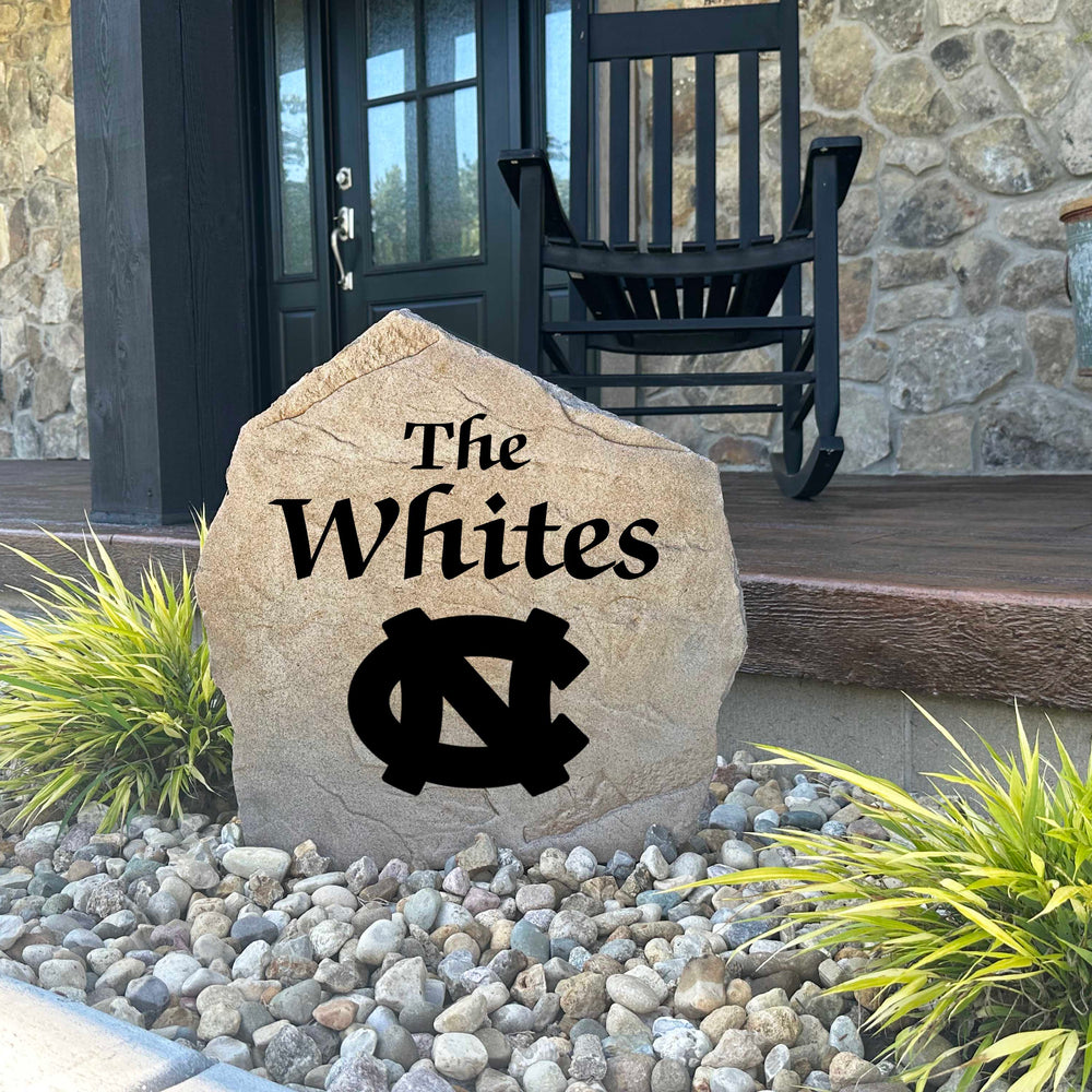 Decorative University of North Carolina family name stone designed for loyal Tar Heels fans, alumni, and graduates. This personalized outdoor stone enhances curb appeal while proudly displaying your school spirit.