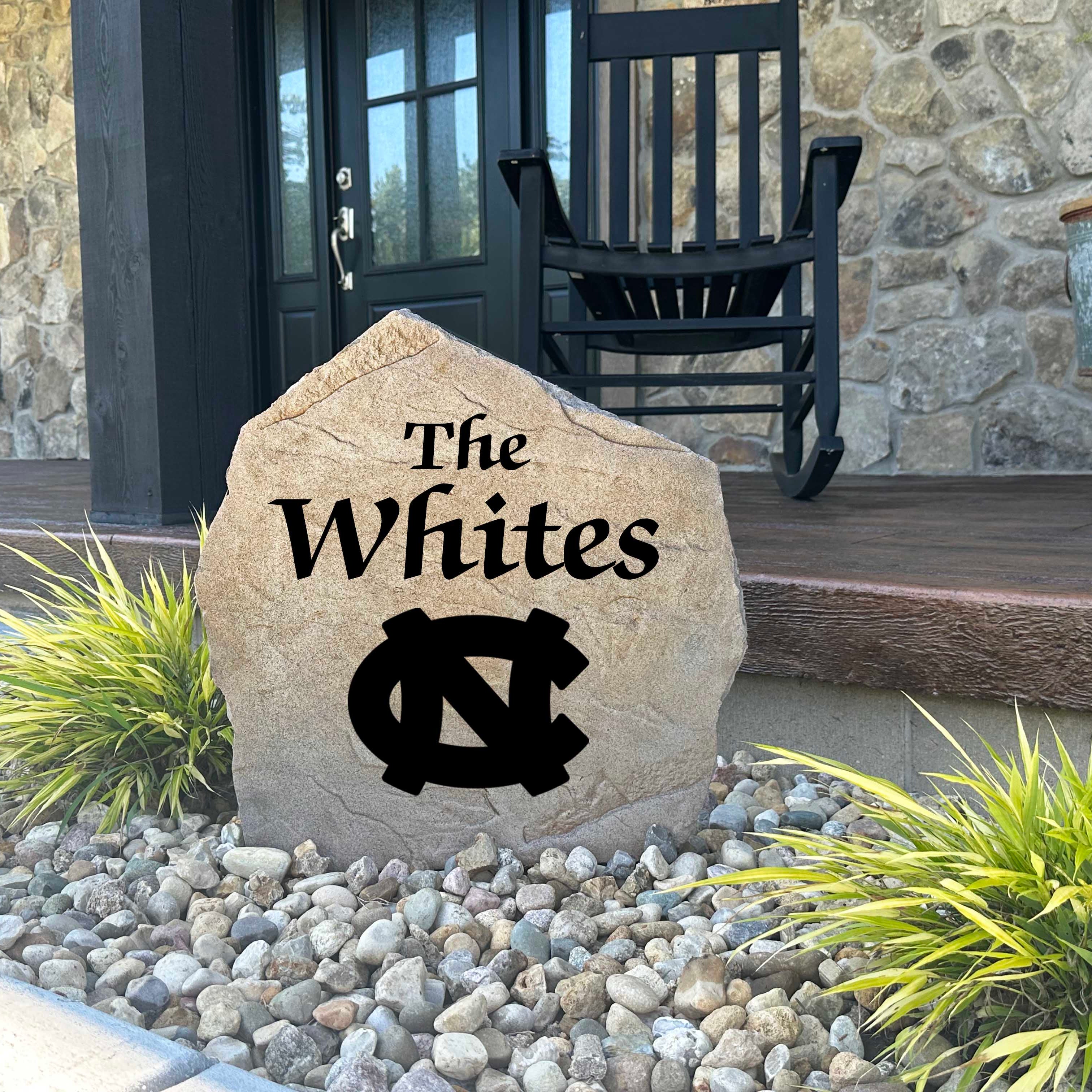 Decorative University of North Carolina family name stone designed for loyal Tar Heels fans, alumni, and graduates. This personalized outdoor stone enhances curb appeal while proudly displaying your school spirit.