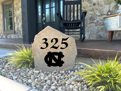 Personalized address stone for yard with North Carolina logo