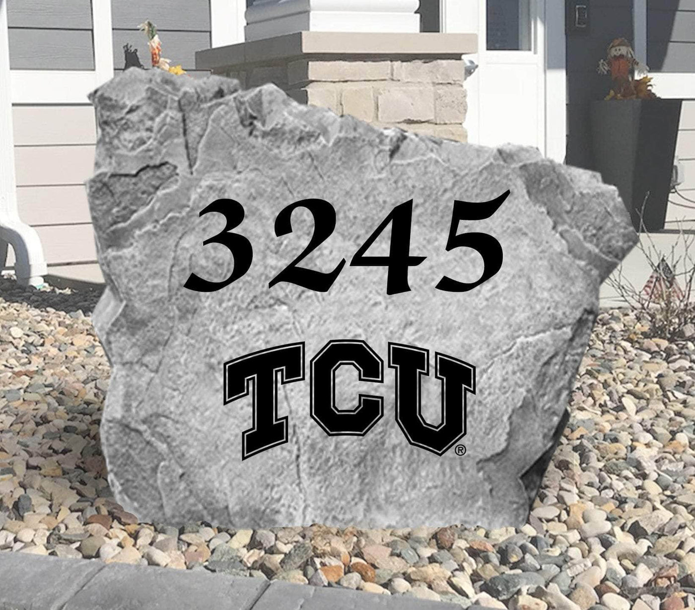 Personalized TCU address stone featuring engraved text for home entryway