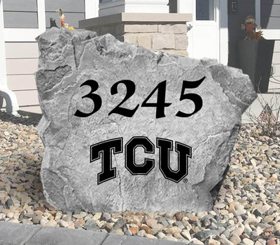 Personalized TCU address stone featuring engraved text for home entryway