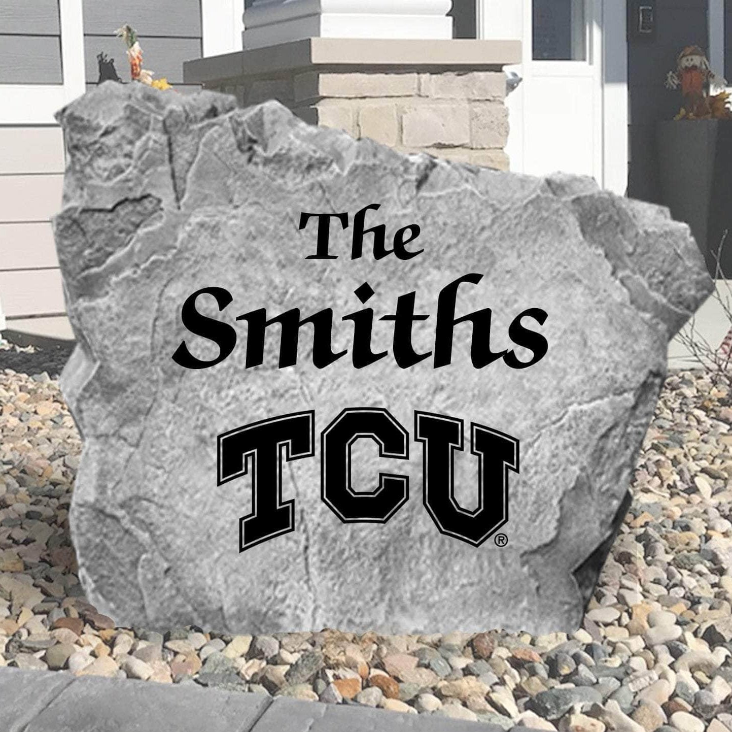 Officially licensed TCU Horned Frogs personalized name plaque crafted from premium concrete for a lasting outdoor celebration of school pride.