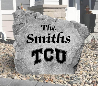 Custom engraved TCU name stone displayed at a home’s front entryway