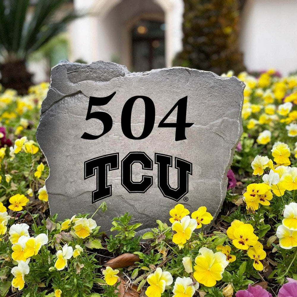 TCU Horned Frogs landscape address stone featuring precision-engraved street numbers, perfect for driveways, gardens, walkways, and entry paths.
