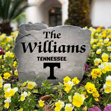 Personalized Tennessee Volunteers outdoor name stone featuring custom family lettering permanently engraved into weather-resistant stone. A thoughtful gift for college football fans, alumni, weddings, housewarmings, and new homeowners.