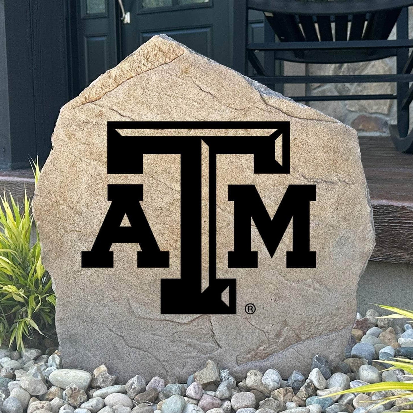 Officially licensed Texas A&M University Logo Stone featuring the iconic Aggies logo permanently engraved into premium stone. This decorative outdoor accent adds college spirit to gardens, patios, walkways, and front landscapes.
