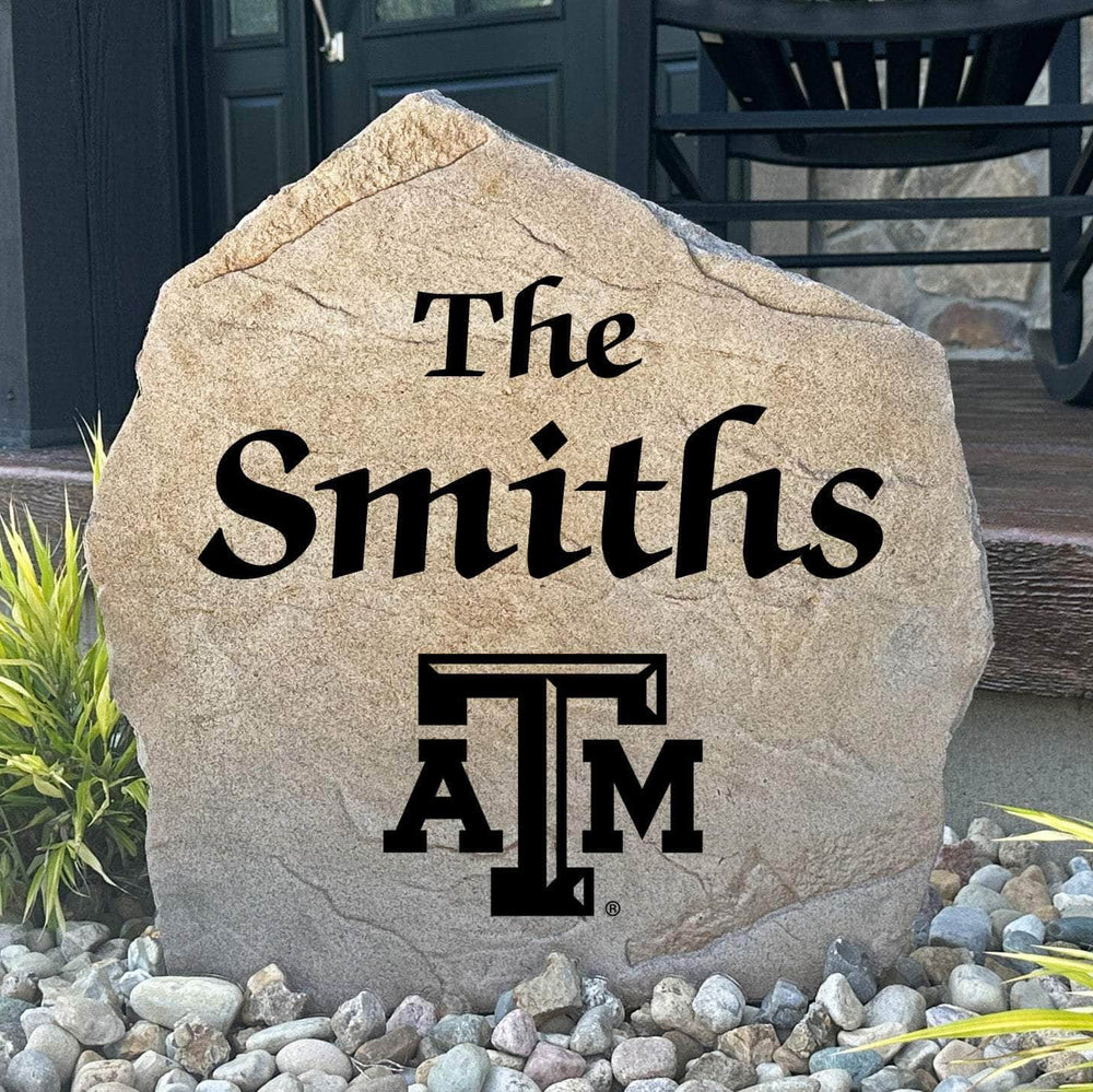 Officially licensed Texas A&M University Name Stone personalized with your family name and engraved directly into premium stone. This custom outdoor décor celebrates Aggies pride while creating a welcoming entrance to your home.