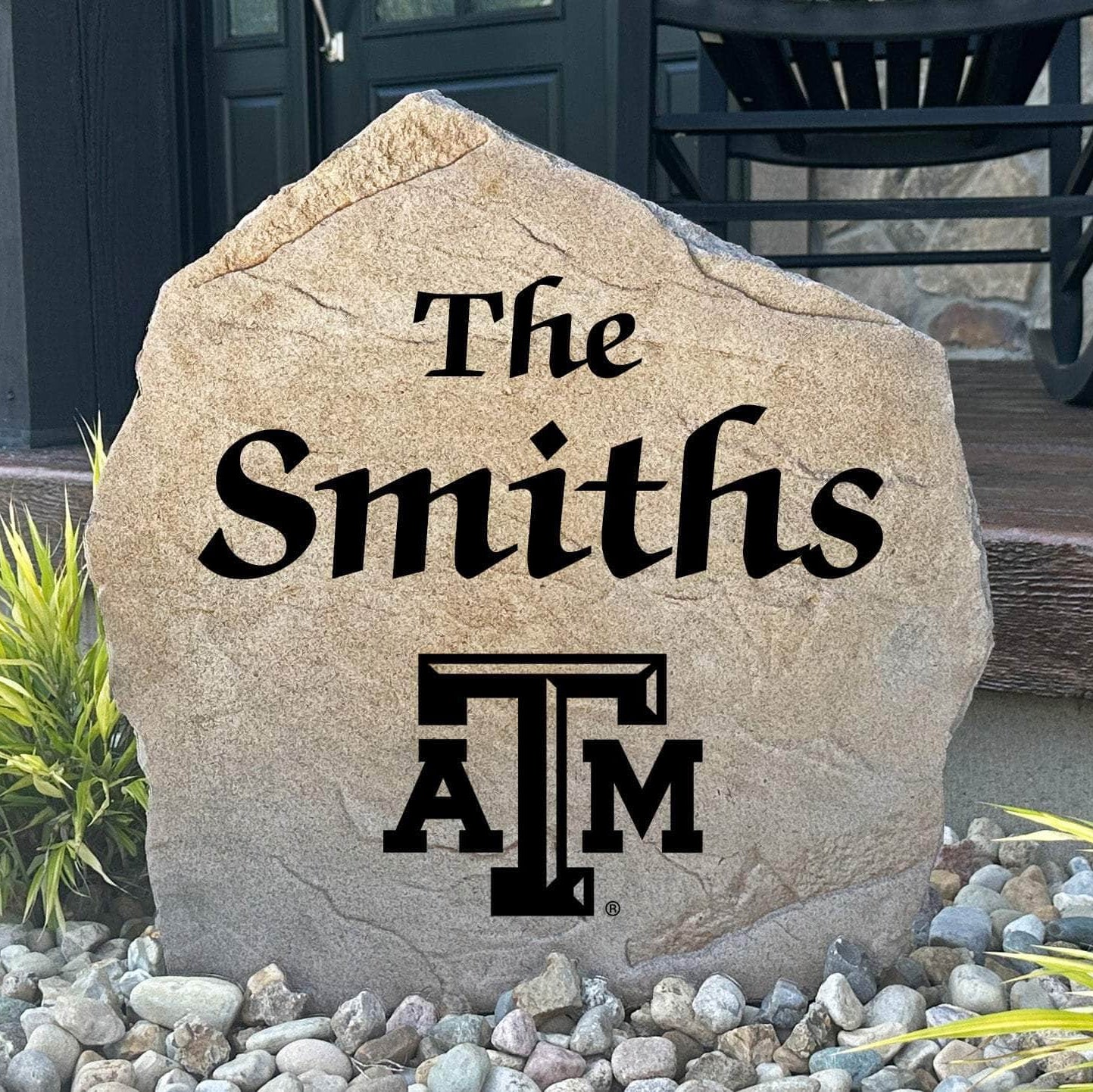 Officially licensed Texas A&M University Name Stone personalized with your family name and engraved directly into premium stone. This custom outdoor décor celebrates Aggies pride while creating a welcoming entrance to your home.